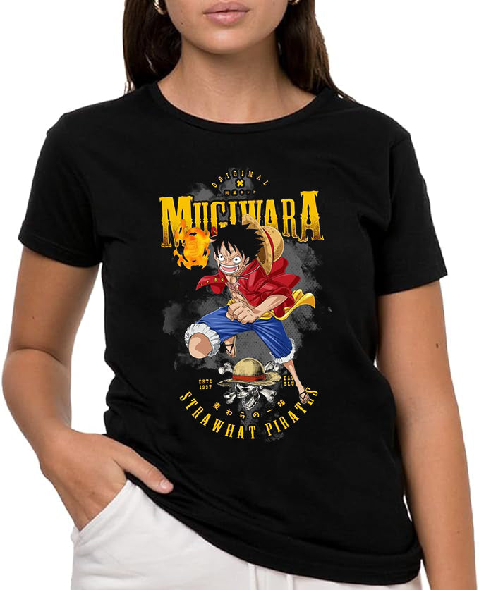 Camiseta de Manga Corta, 100% Algodón, Ropa Unisex para Hombres y Mujeres en 7 Tallas, Camiseta Negra, Modelo piratas, one pice