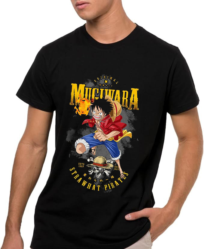 Camiseta de Manga Corta, 100% Algodón, Ropa Unisex para Hombres y Mujeres en 7 Tallas, Camiseta Negra, Modelo piratas, one pice